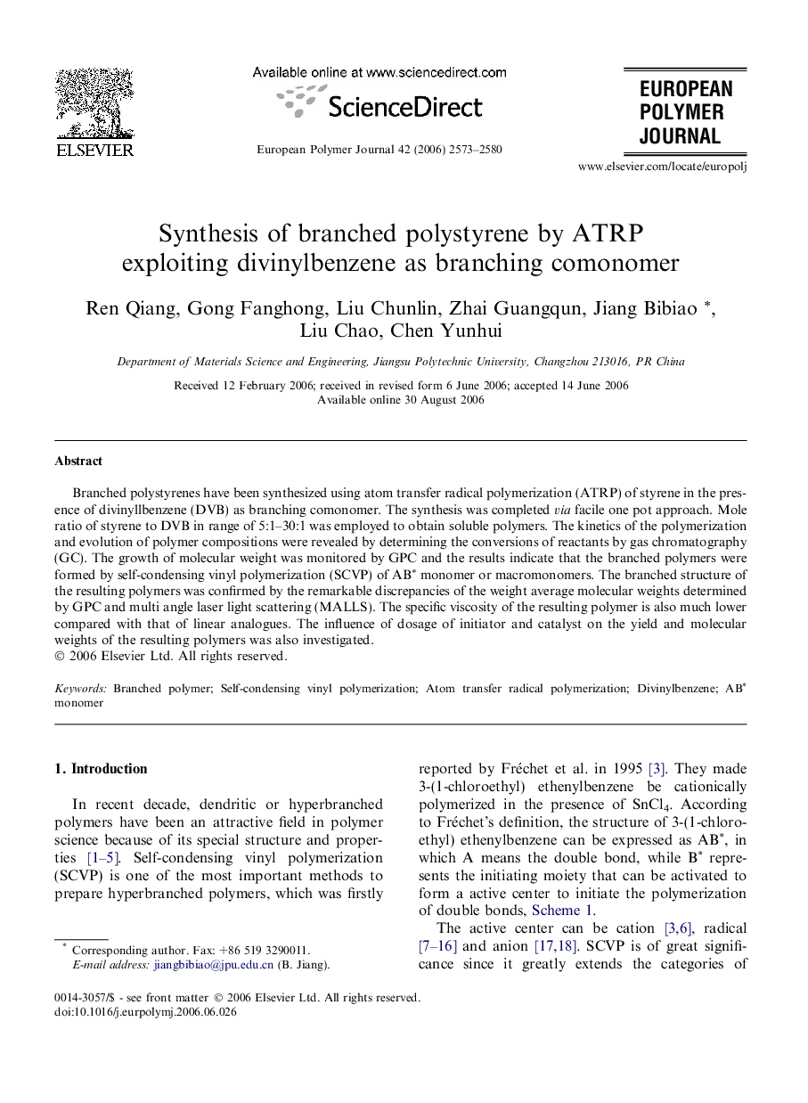 Synthesis of branched polystyrene by ATRP exploiting divinylbenzene as branching comonomer