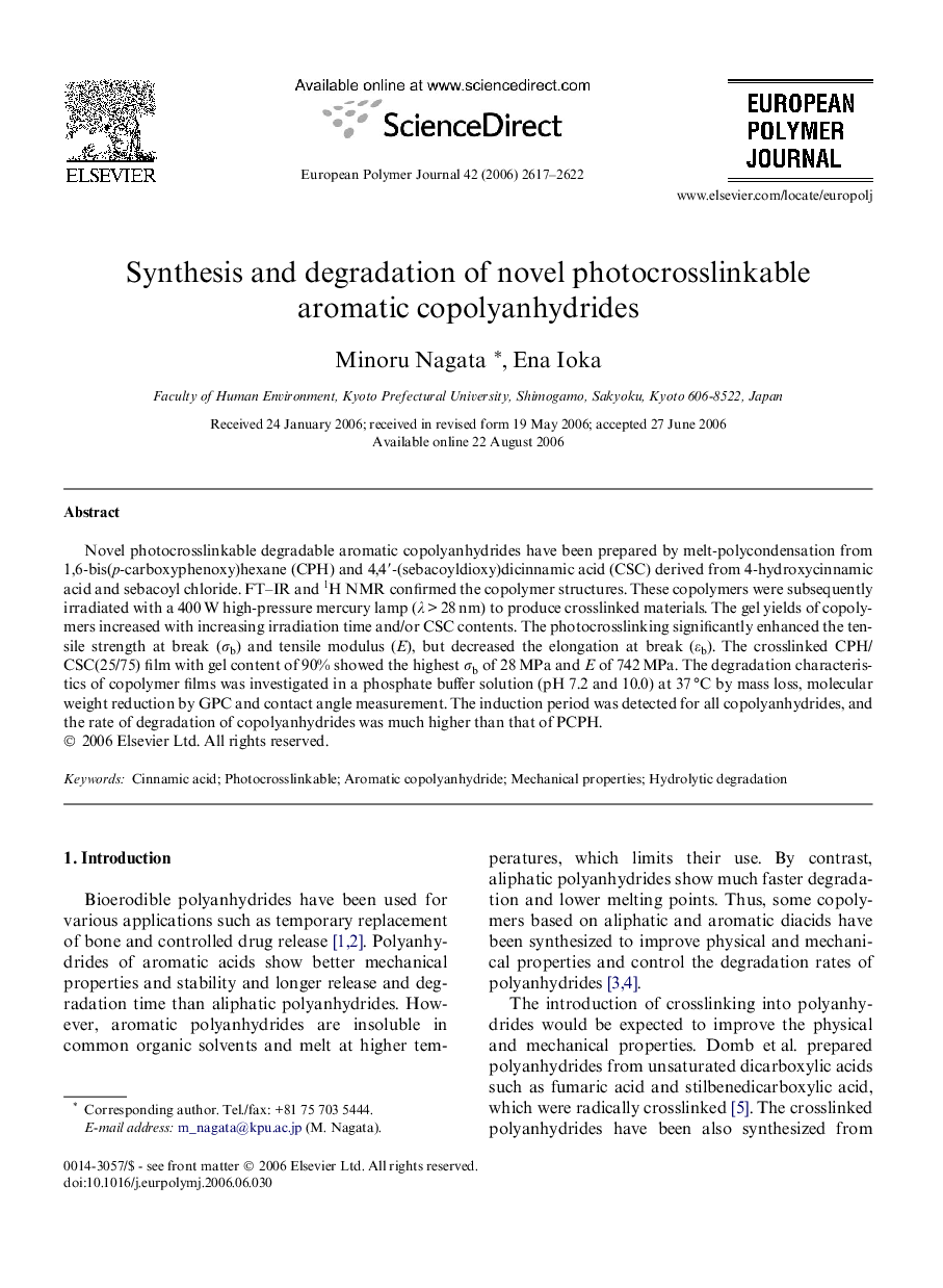 Synthesis and degradation of novel photocrosslinkable aromatic copolyanhydrides