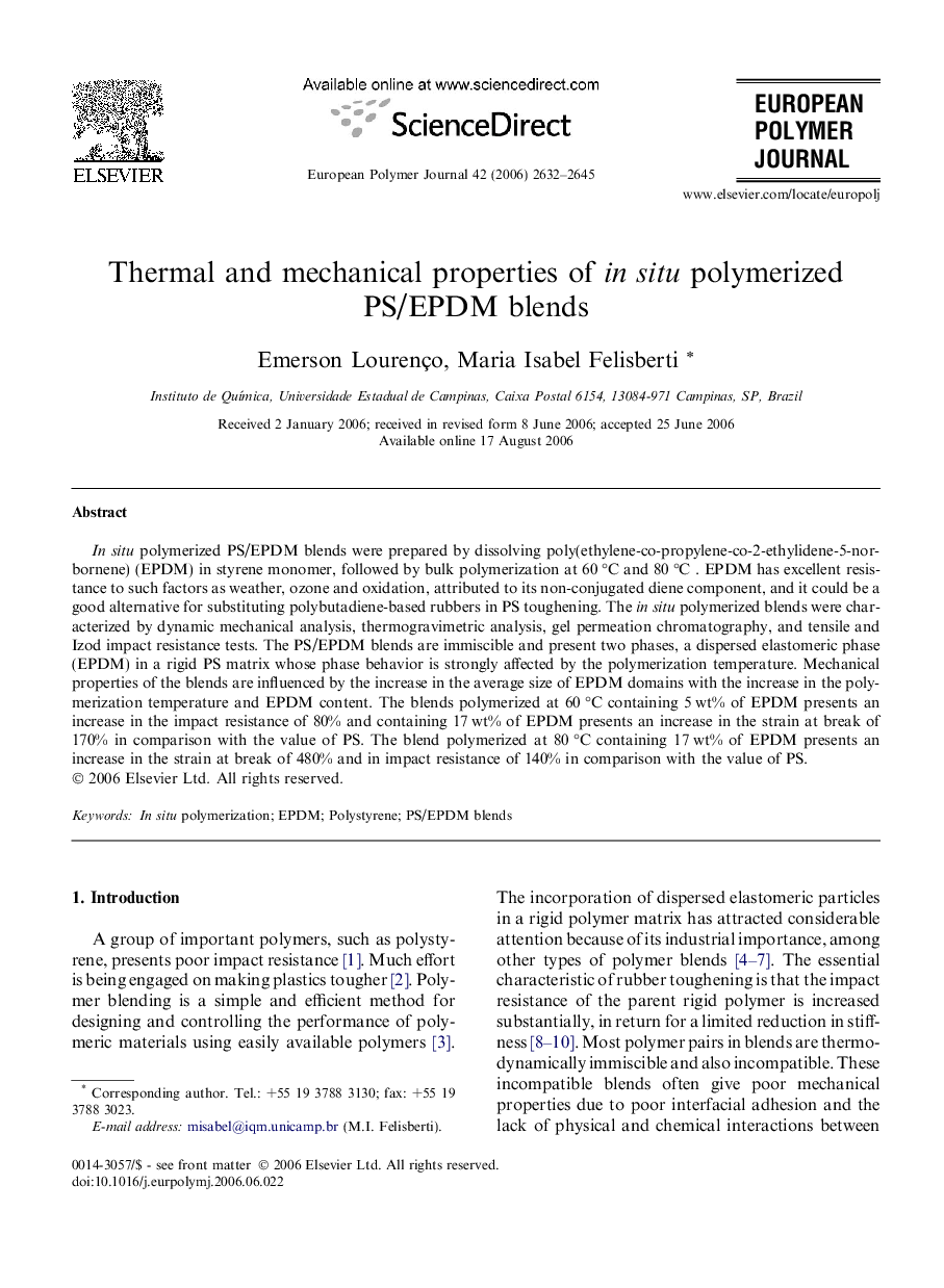 عکس صفحه اول مقاله: Thermal and mechanical properties of in situ polymerized PS/EPDM blends Thermal and mechanical properties of in situ polymerized PS/EPDM blends