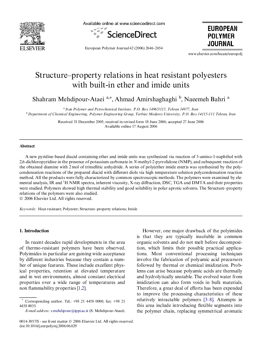 Structure-property relations in heat resistant polyesters with built-in ether and imide units