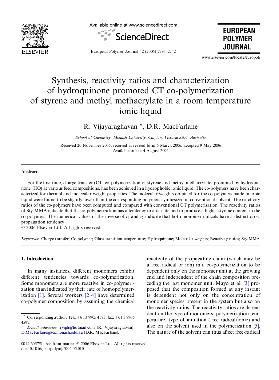 Synthesis, reactivity ratios and characterization of hydroquinone promoted CT co-polymerization of styrene and methyl methacrylate in a room temperature ionic liquid