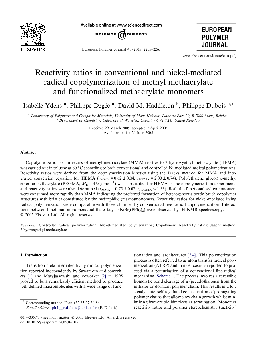 Reactivity ratios in conventional and nickel-mediated radical copolymerization of methyl methacrylate and functionalized methacrylate monomers