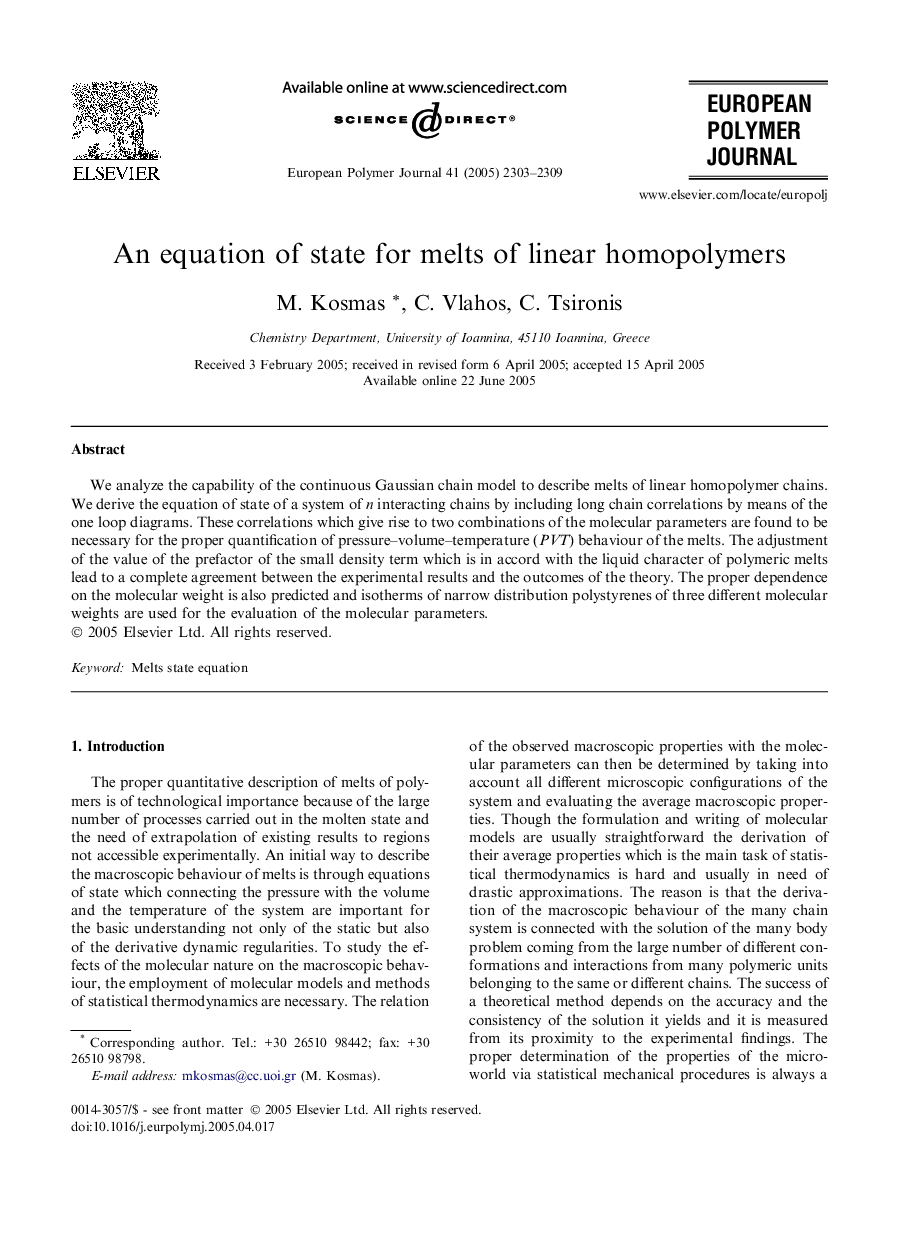An equation of state for melts of linear homopolymers