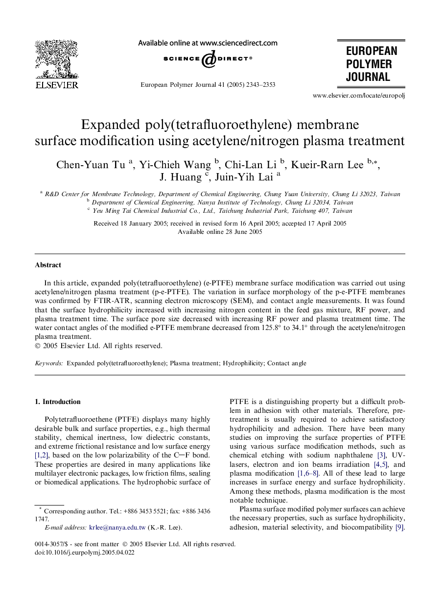 Expanded poly(tetrafluoroethylene) membrane surface modification using acetylene/nitrogen plasma treatment