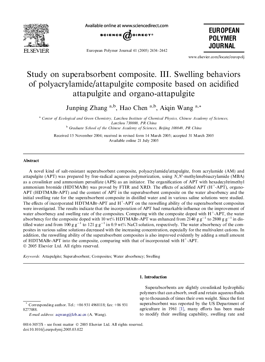 Study on superabsorbent composite. III. Swelling behaviors of polyacrylamide/attapulgite composite based on acidified attapulgite and organo-attapulgite