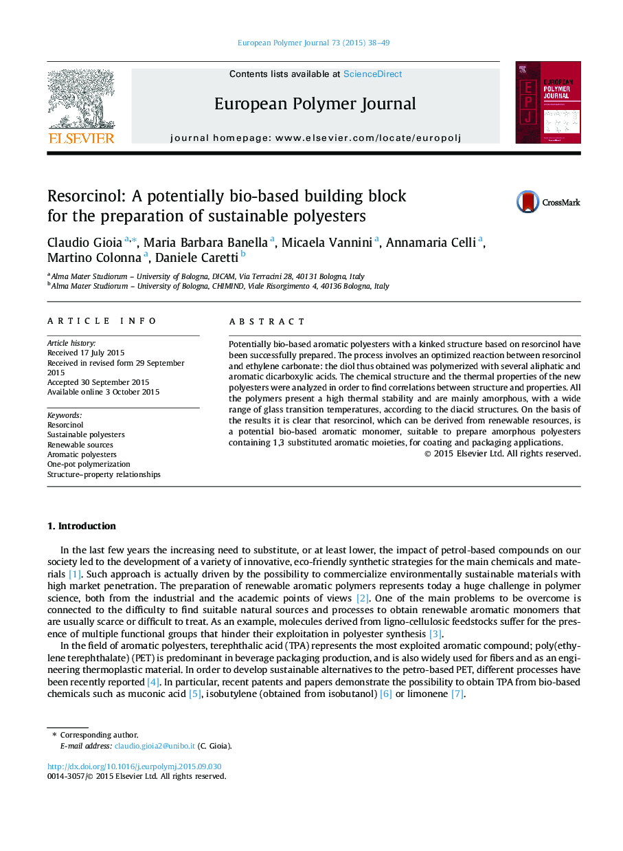 Resorcinol: A potentially bio-based building block for the preparation of sustainable polyesters