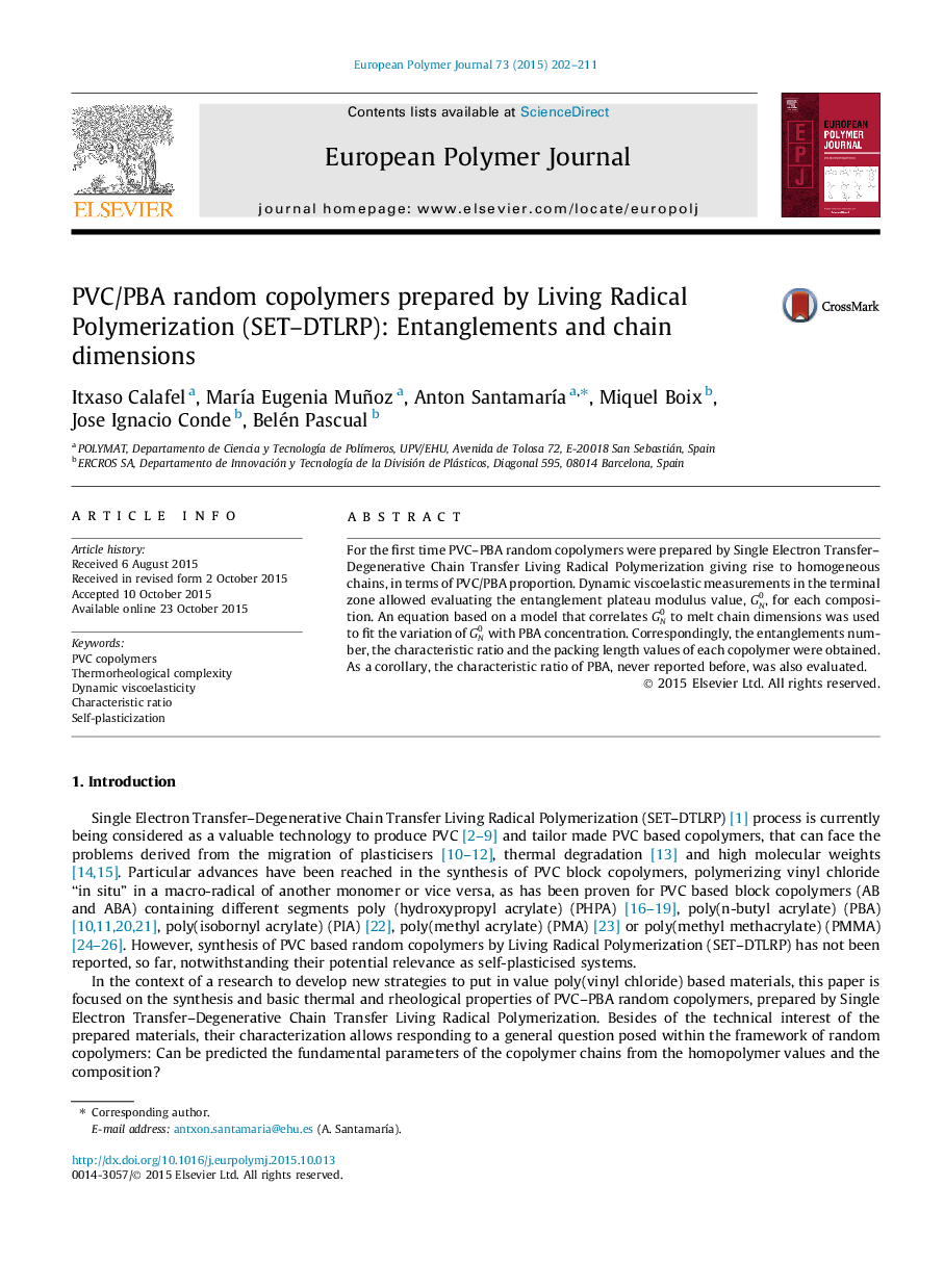 عکس صفحه اول مقاله: PVC/PBA random copolymers prepared by Living Radical Polymerization (SET-DTLRP): Entanglements and chain dimensions PVC/PBA random copolymers prepared by Living Radical Polymerization (SET-DTLRP): Entanglements and chain dimensions