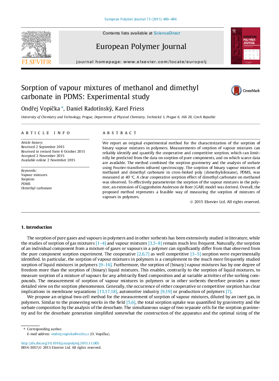 Sorption of vapour mixtures of methanol and dimethyl carbonate in PDMS: Experimental study