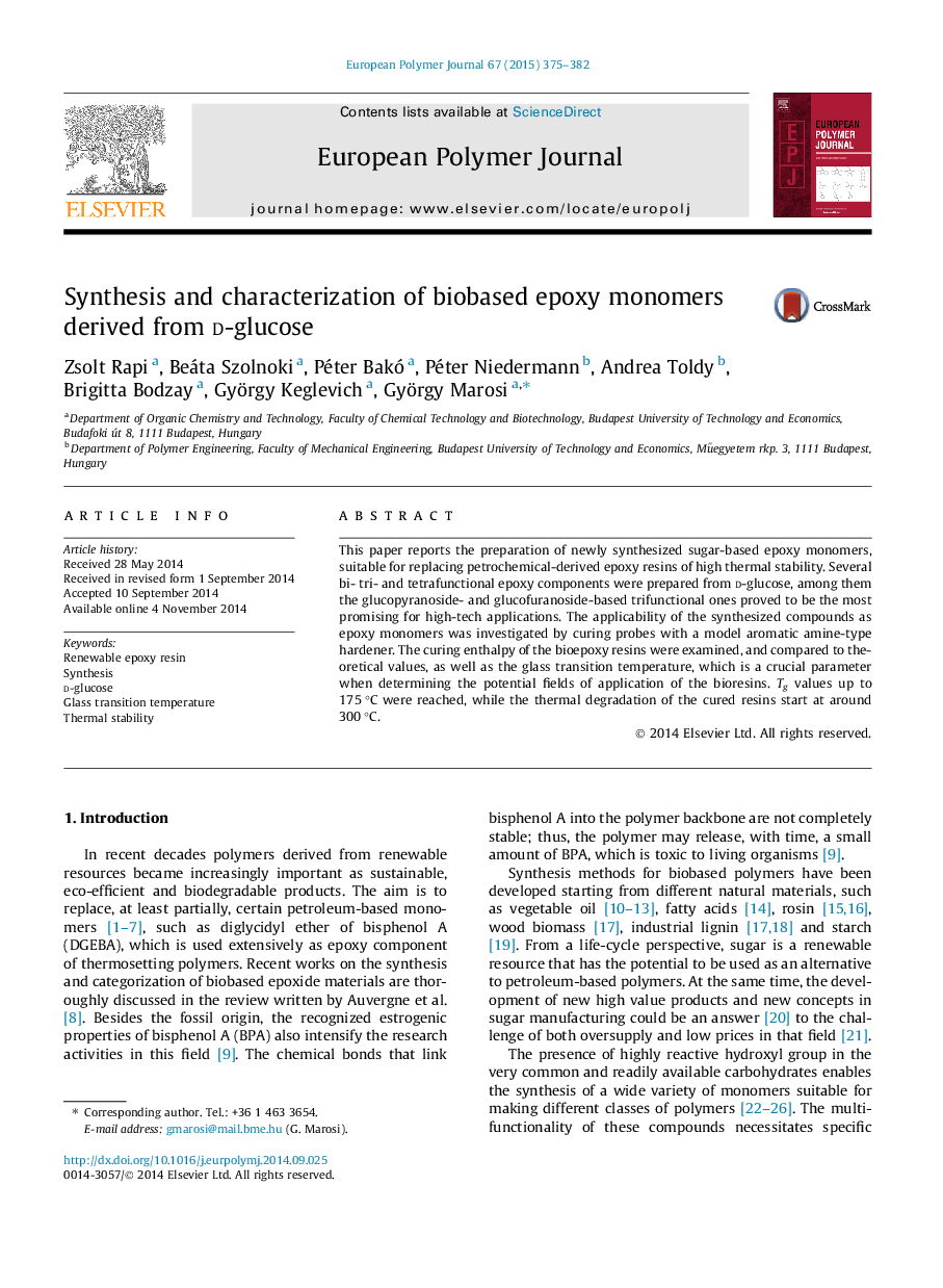 Synthesis and characterization of biobased epoxy monomers derived from d-glucose