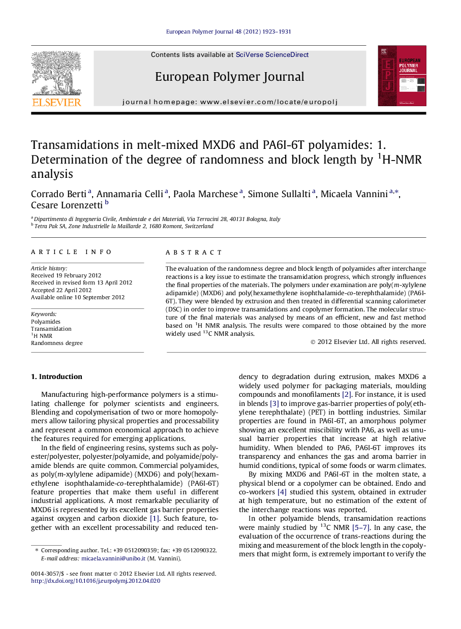 Transamidations in melt-mixed MXD6 and PA6I-6T polyamides: 1. Determination of the degree of randomness and block length by 1H-NMR analysis