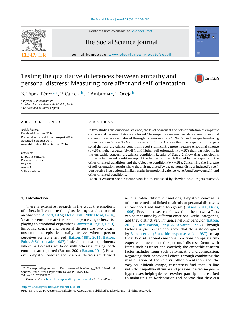 Testing the qualitative differences between empathy and personal distress: Measuring core affect and self-orientation