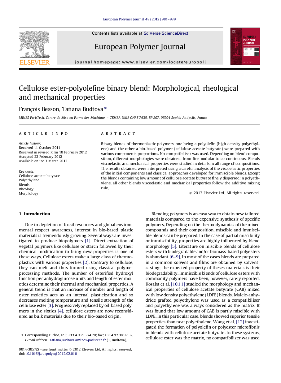 Cellulose ester-polyolefine binary blend: Morphological, rheological and mechanical properties