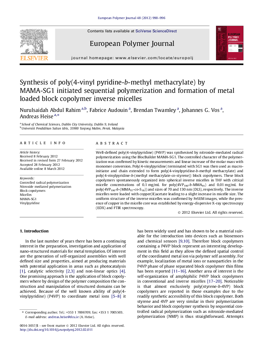 Synthesis of poly(4-vinyl pyridine-b-methyl methacrylate) by MAMA-SG1 initiated sequential polymerization and formation of metal loaded block copolymer inverse micelles