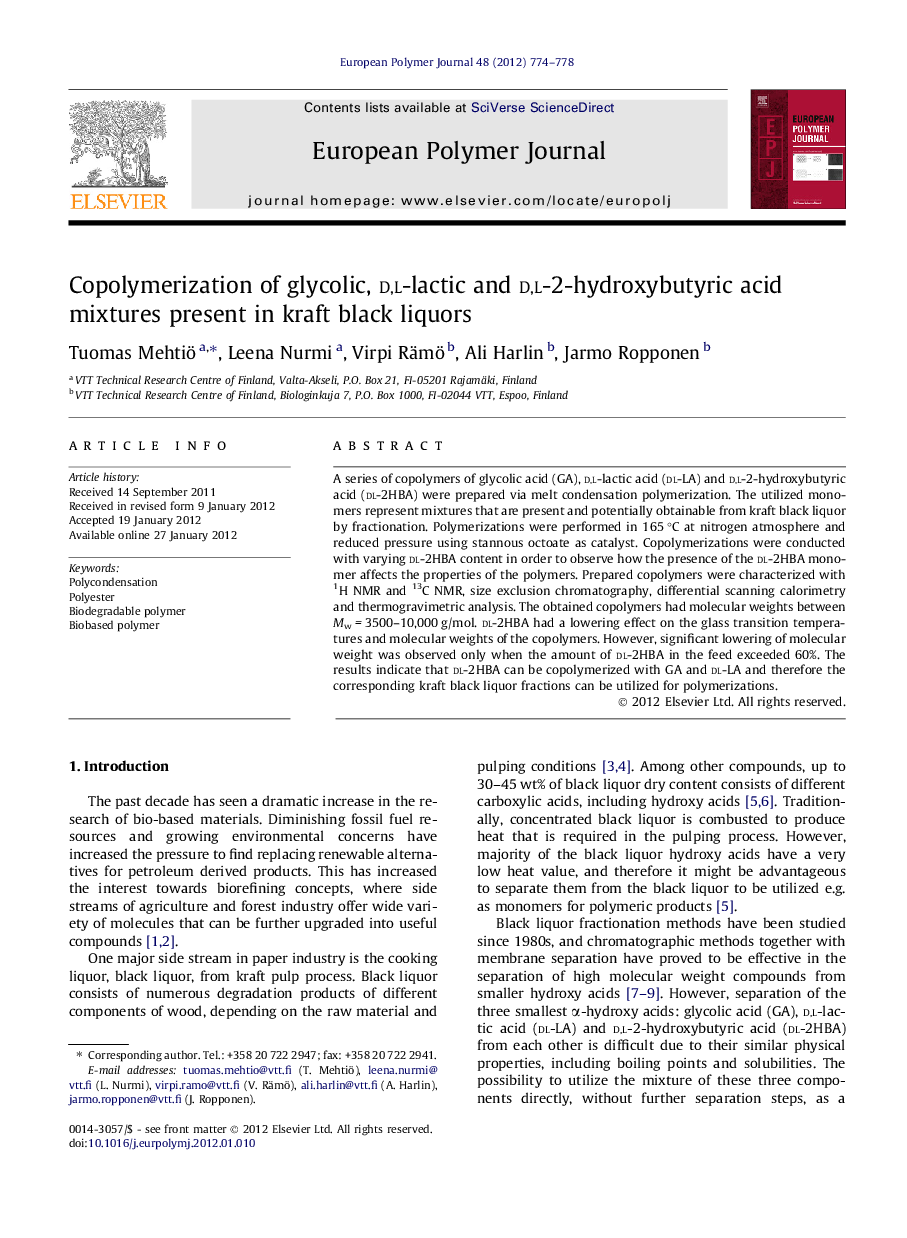 Copolymerization of glycolic, d,l-lactic and d,l-2-hydroxybutyric acid mixtures present in kraft black liquors