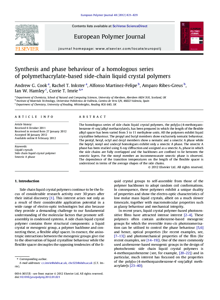 Synthesis and phase behaviour of a homologous series of polymethacrylate-based side-chain liquid crystal polymers