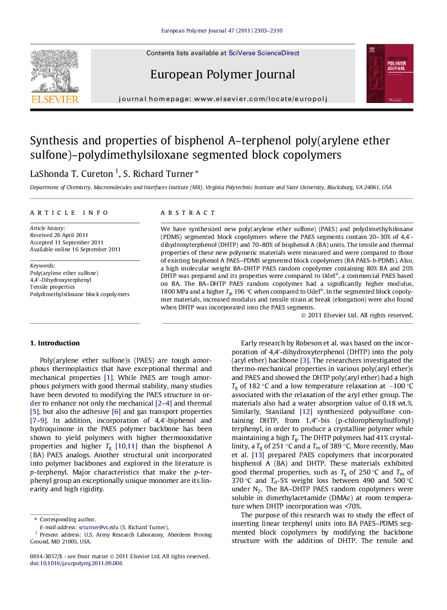 Synthesis and properties of bisphenol A–terphenol poly(arylene ether sulfone)–polydimethylsiloxane segmented block copolymers