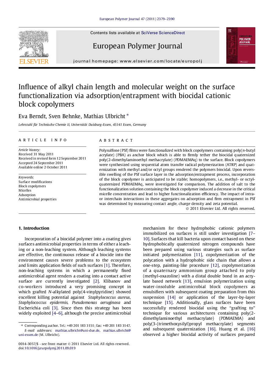 عکس صفحه اول مقاله: Influence of alkyl chain length and molecular weight on the surface functionalization via adsorption/entrapment with biocidal cationic block copolymers Influence of alkyl chain length and molecular weight on the surface functionalization via adsorption/entrapment with biocidal cationic block copolymers