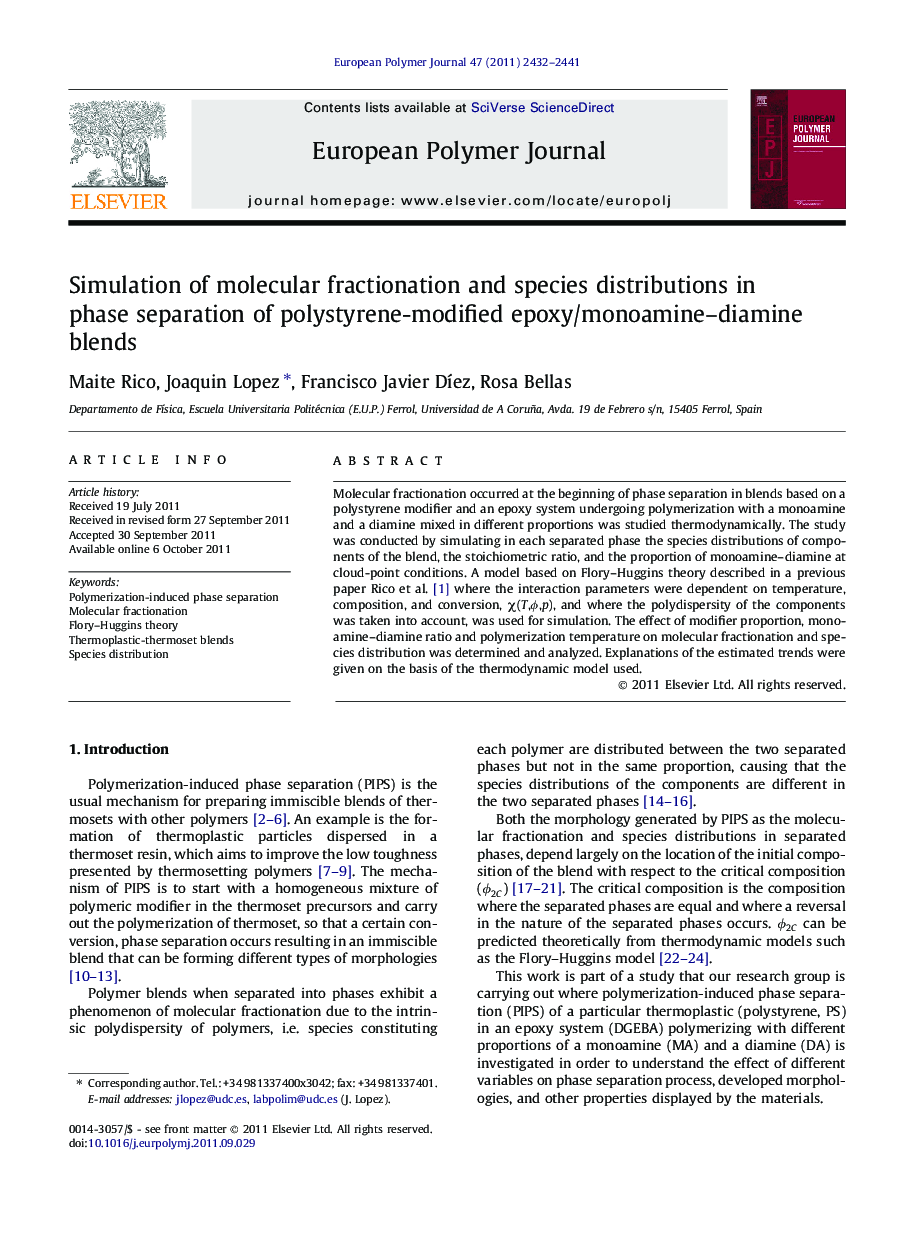 Simulation of molecular fractionation and species distributions in phase separation of polystyrene-modified epoxy/monoamine–diamine blends