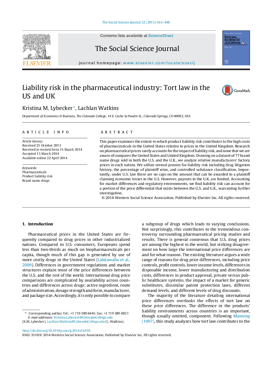 Liability risk in the pharmaceutical industry: Tort law in the US and UK