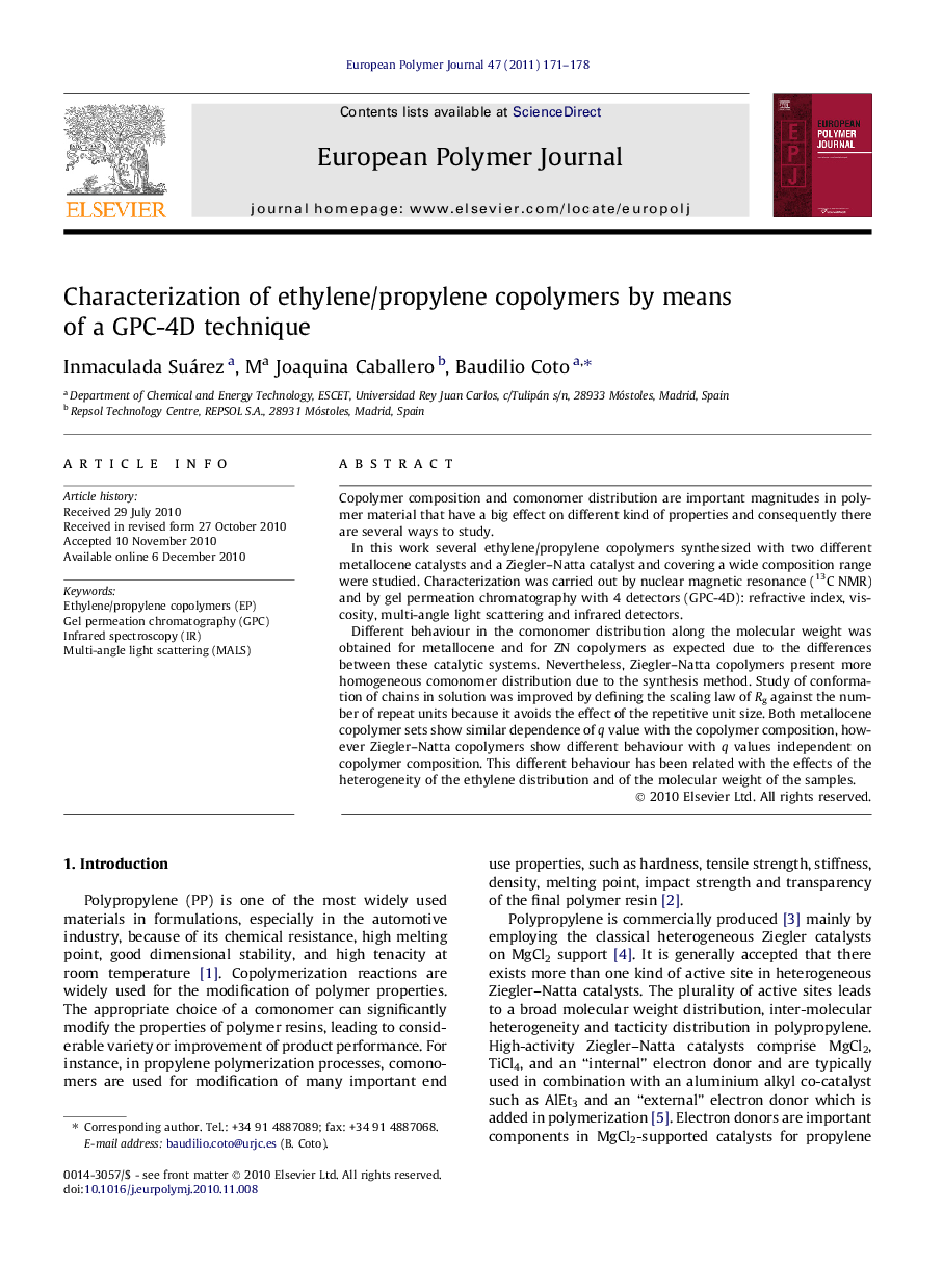 Characterization of ethylene/propylene copolymers by means of a GPC-4D technique