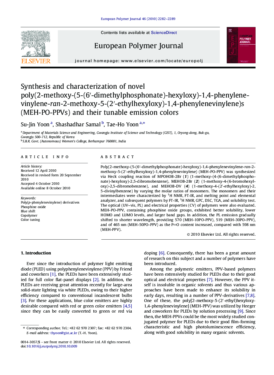 Synthesis and characterization of novel poly(2-methoxy-(5-(6′-dimethylphosphonate)-hexyloxy)-1,4-phenylenevinylene-ran-2-methoxy-5-(2′-ethylhexyloxy)-1,4-phenylenevinylene)s (MEH-PO-PPVs) and their tunable emission colors