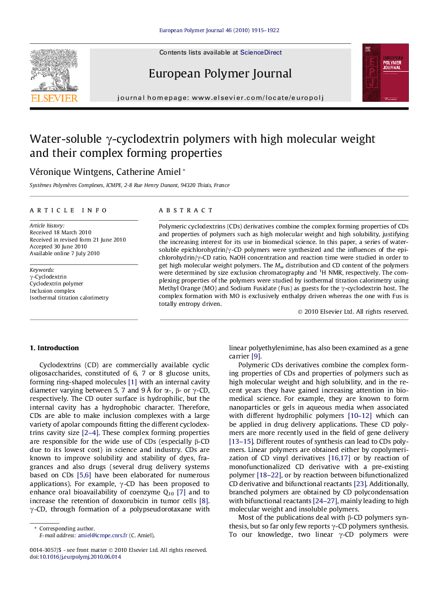 Water-soluble γ-cyclodextrin polymers with high molecular weight and their complex forming properties