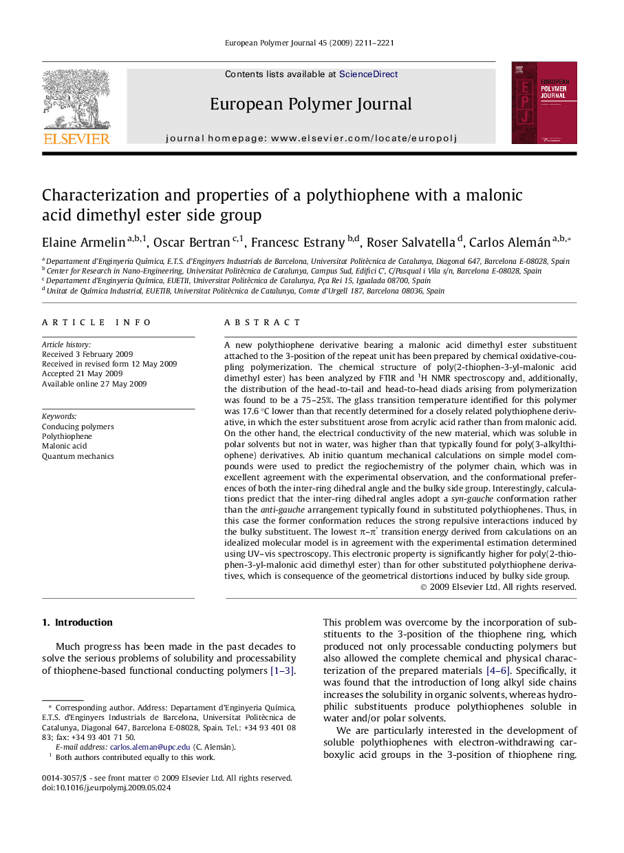 Characterization and properties of a polythiophene with a malonic acid dimethyl ester side group