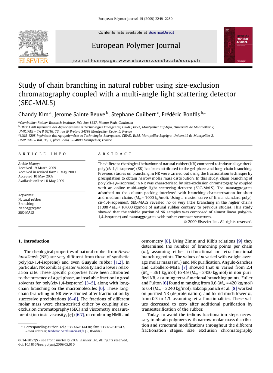 Study of chain branching in natural rubber using size-exclusion chromatography coupled with a multi-angle light scattering detector (SEC-MALS)