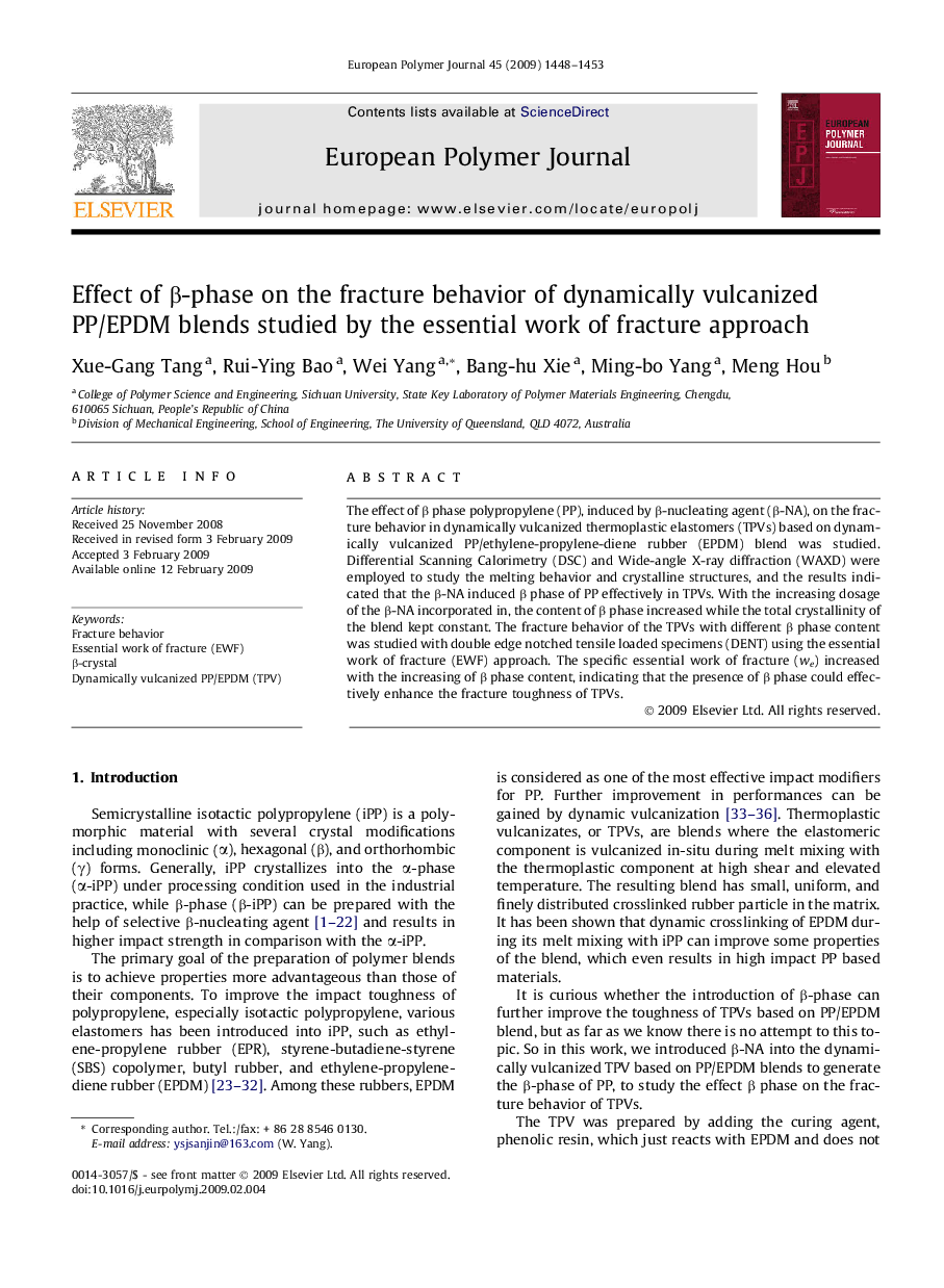 Effect of β-phase on the fracture behavior of dynamically vulcanized PP/EPDM blends studied by the essential work of fracture approach