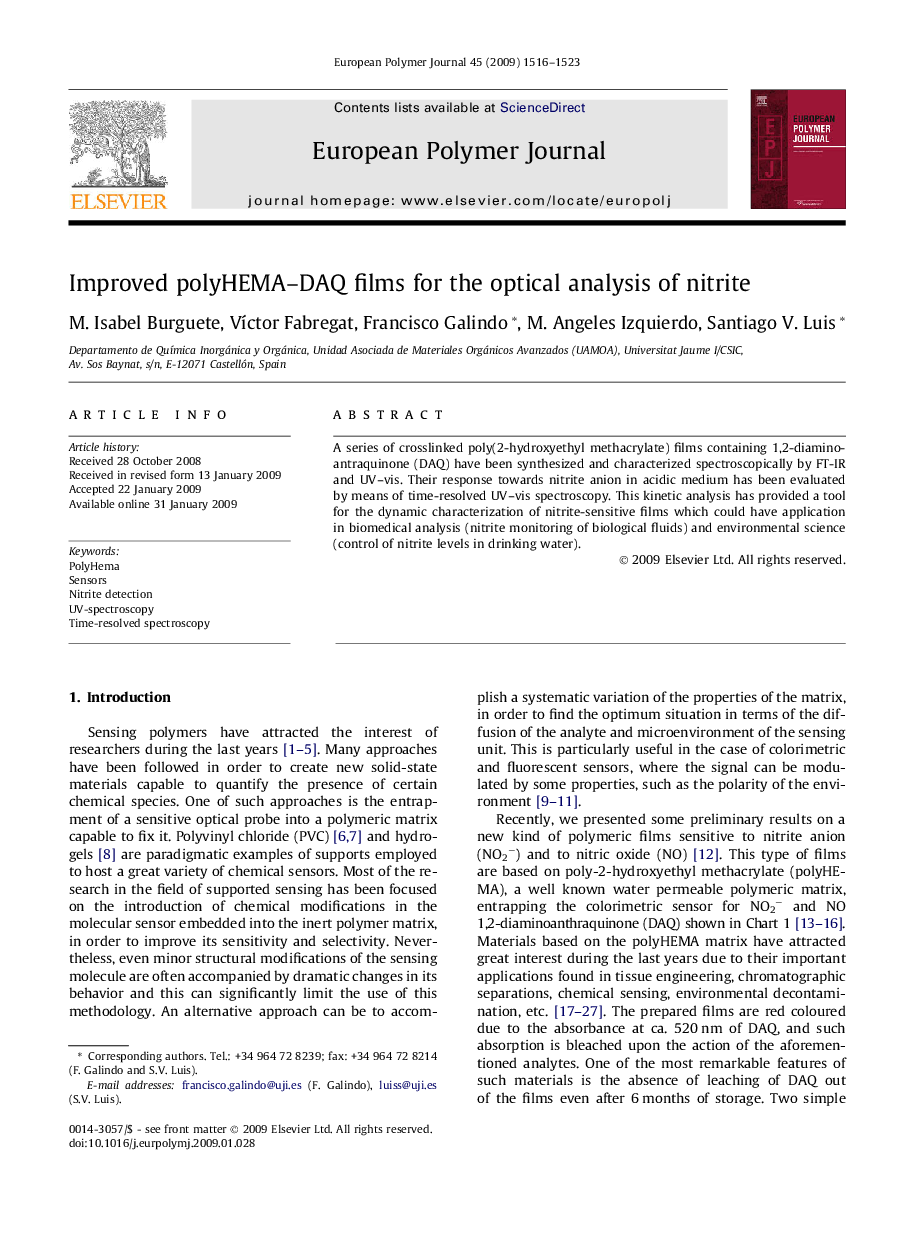 Improved polyHEMA–DAQ films for the optical analysis of nitrite