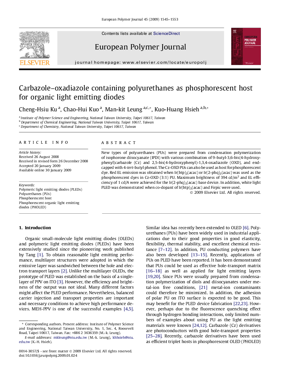 Carbazole–oxadiazole containing polyurethanes as phosphorescent host for organic light emitting diodes