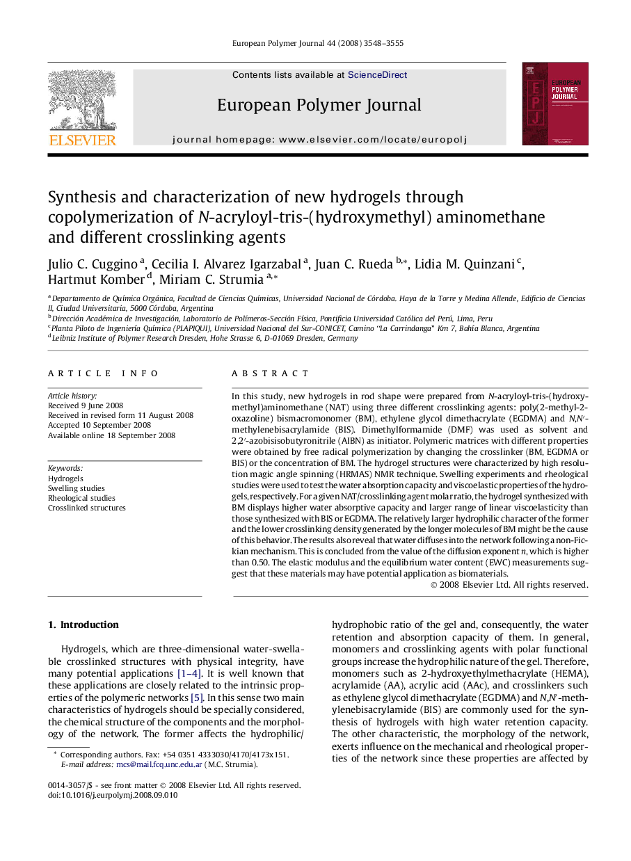 Synthesis and characterization of new hydrogels through copolymerization of N-acryloyl-tris-(hydroxymethyl)aminomethane and different crosslinking agents