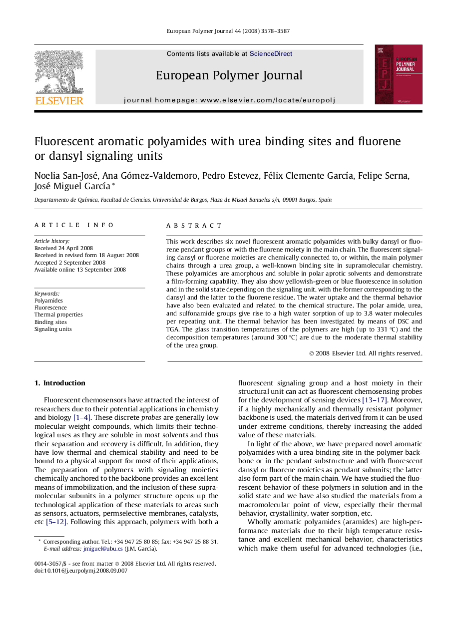 Fluorescent aromatic polyamides with urea binding sites and fluorene or dansyl signaling units