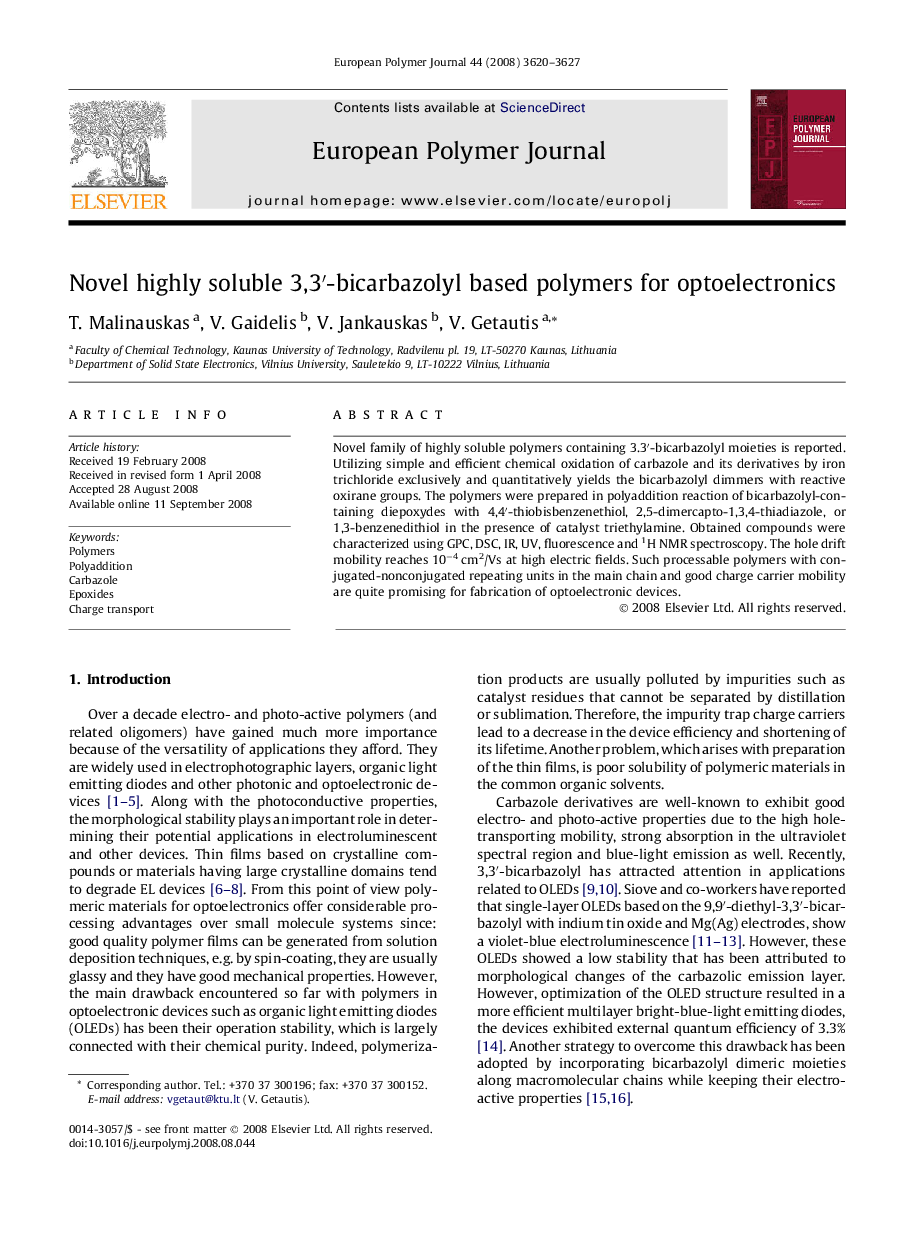 Novel highly soluble 3,3′-bicarbazolyl based polymers for optoelectronics