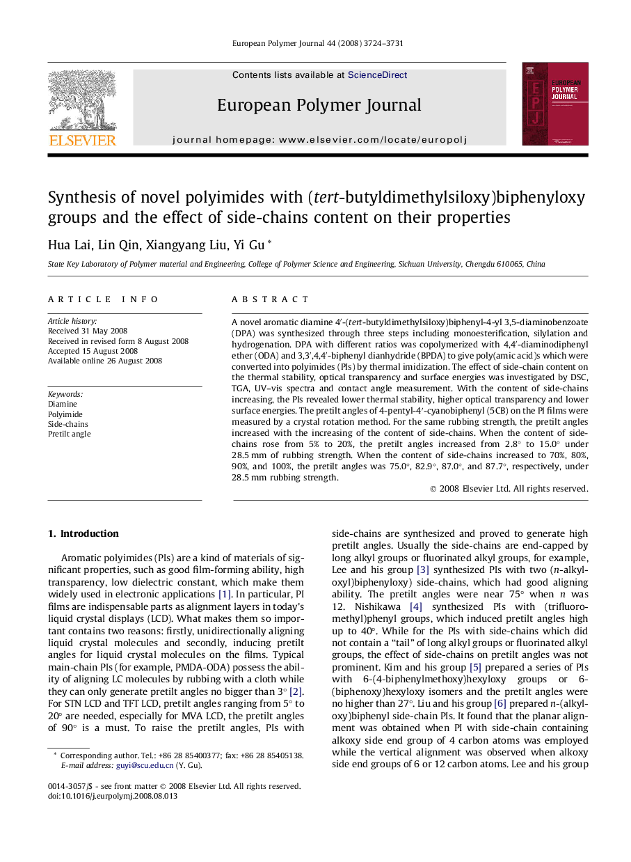 Synthesis of novel polyimides with (tert-butyldimethylsiloxy)biphenyloxy groups and the effect of side-chains content on their properties