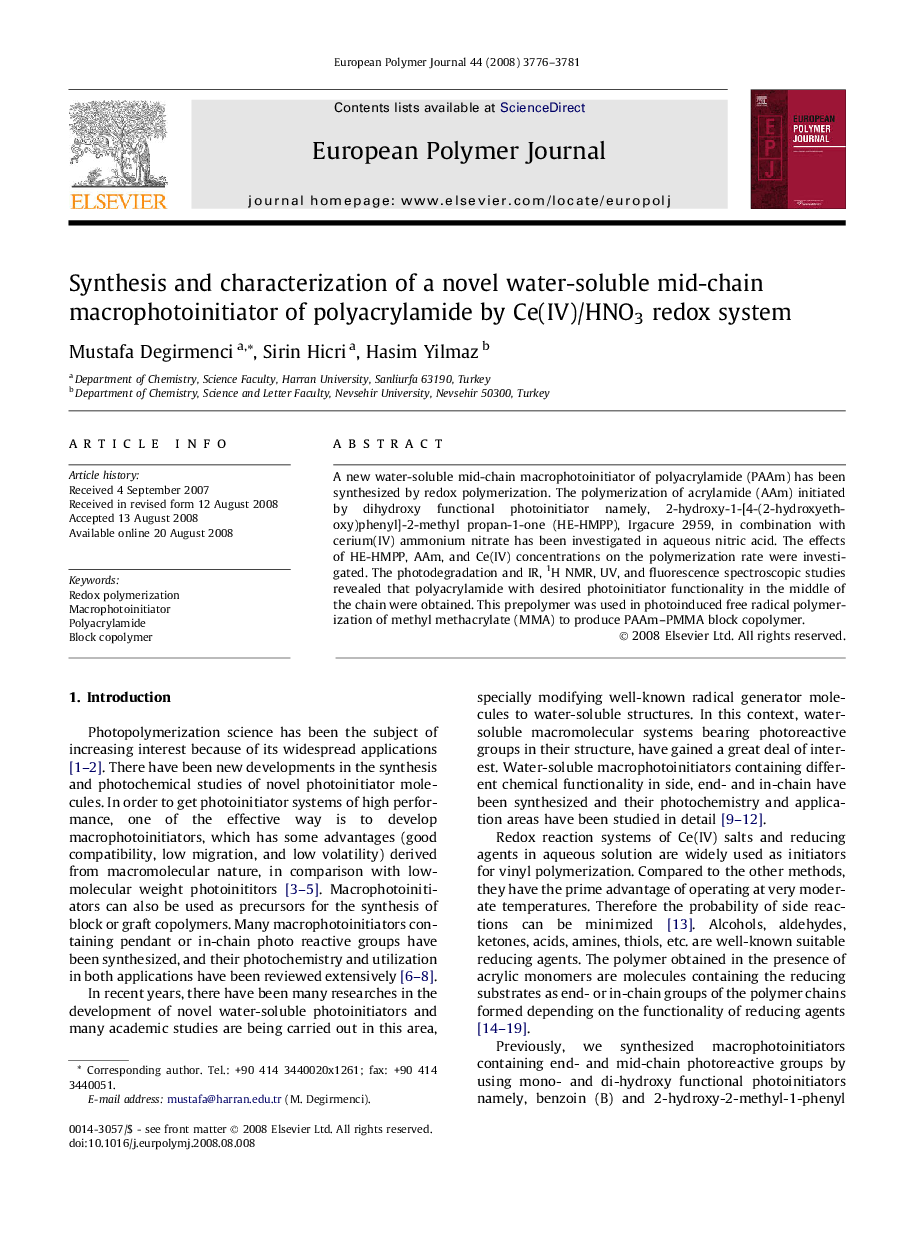 Synthesis and characterization of a novel water-soluble mid-chain macrophotoinitiator of polyacrylamide by Ce(IV)/HNO3 redox system