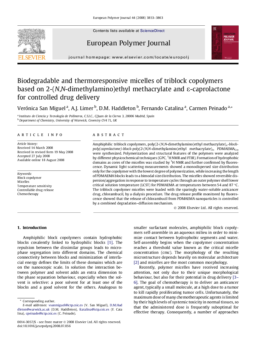 Biodegradable and thermoresponsive micelles of triblock copolymers based on 2-(N,N-dimethylamino)ethyl methacrylate and ε-caprolactone for controlled drug delivery