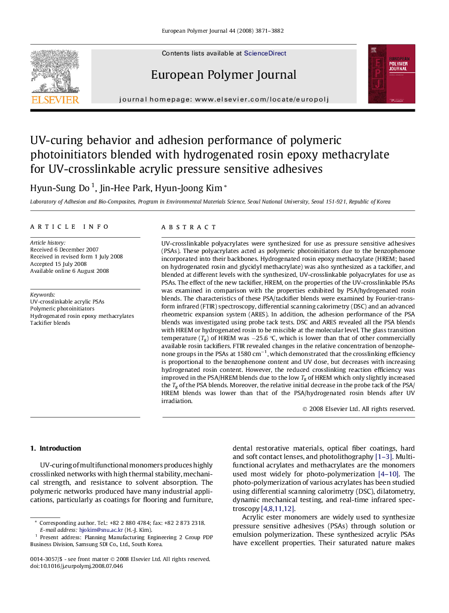 UV-curing behavior and adhesion performance of polymeric photoinitiators blended with hydrogenated rosin epoxy methacrylate for UV-crosslinkable acrylic pressure sensitive adhesives