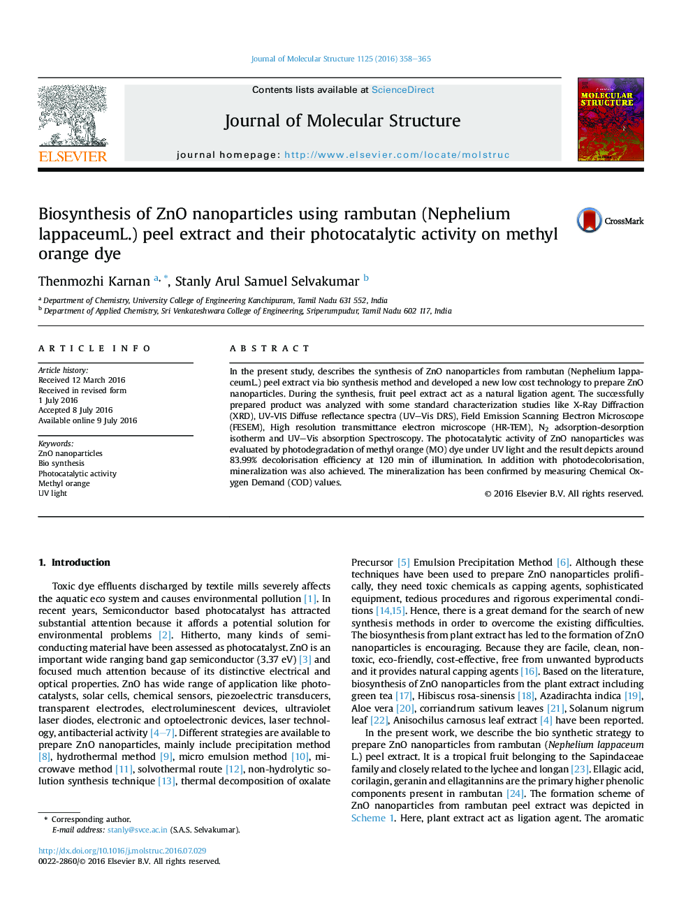 Biosynthesis of ZnO nanoparticles using rambutan (Nephelium lappaceumL.) peel extract and their photocatalytic activity on methyl orange dye