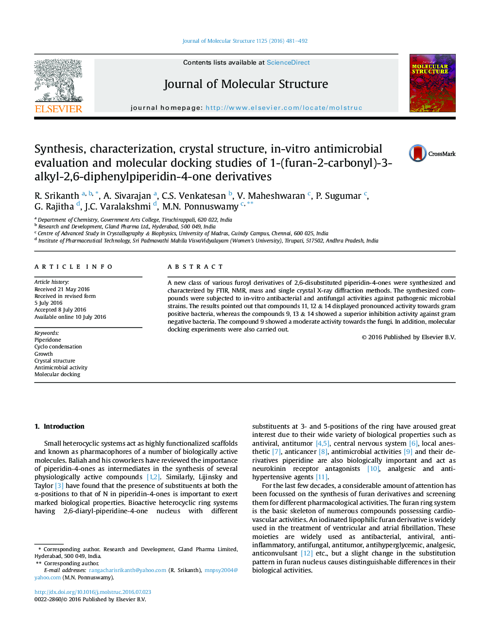 Synthesis, characterization, crystal structure, in-vitro antimicrobial evaluation and molecular docking studies of 1-(furan-2-carbonyl)-3-alkyl-2,6-diphenylpiperidin-4-one derivatives