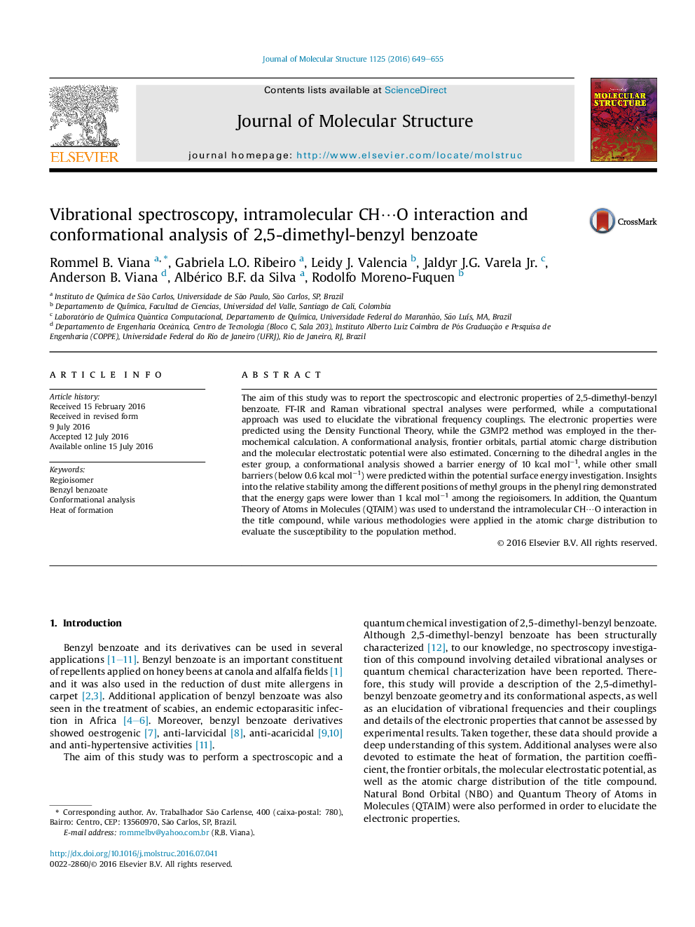 Vibrational spectroscopy, intramolecular CH⋯O interaction and conformational analysis of 2,5-dimethyl-benzyl benzoate