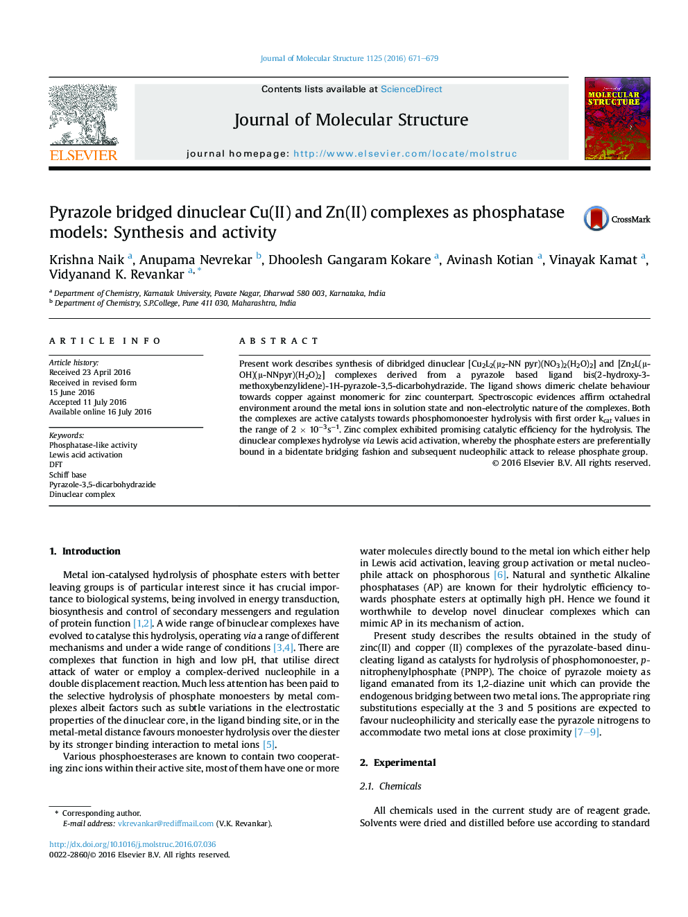 Pyrazole bridged dinuclear Cu(II) and Zn(II) complexes as phosphatase models: Synthesis and activity