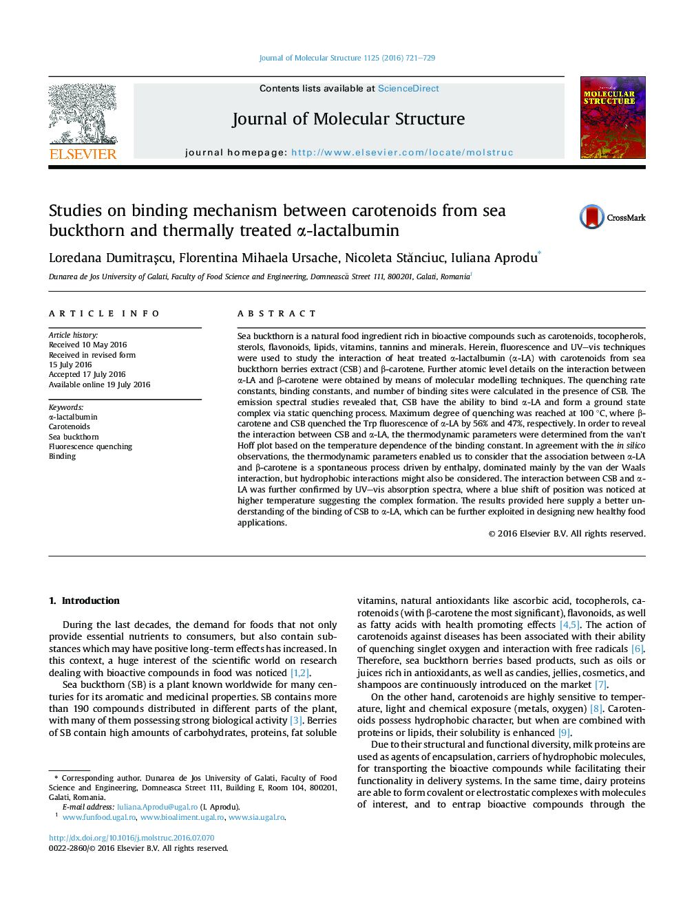 Studies on binding mechanism between carotenoids from sea buckthorn and thermally treated α-lactalbumin