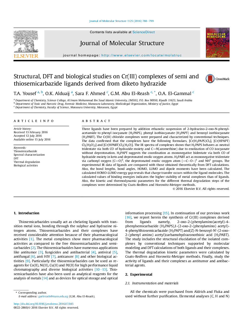 عکس صفحه اول مقاله: Structural, DFT and biological studies on Cr(III) complexes of semi and thiosemicarbazide ligands derived from diketo hydrazide Structural, DFT and biological studies on Cr(III) complexes of semi and thiosemicarbazide ligands derived from diketo hydrazide