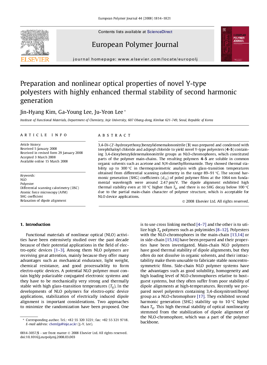 Preparation and nonlinear optical properties of novel Y-type polyesters with highly enhanced thermal stability of second harmonic generation