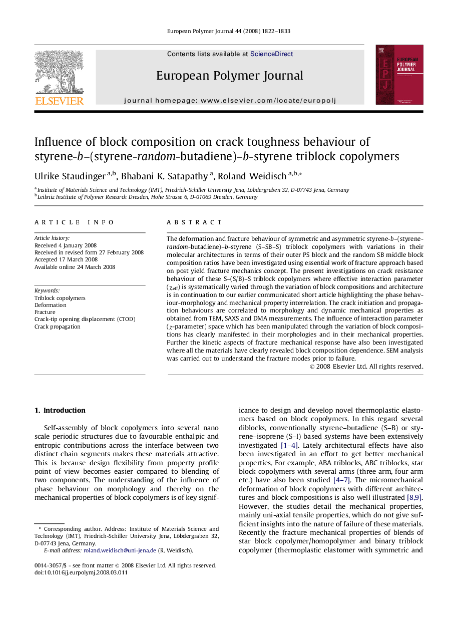 Influence of block composition on crack toughness behaviour of styrene-b-(styrene-random-butadiene)-b-styrene triblock copolymers