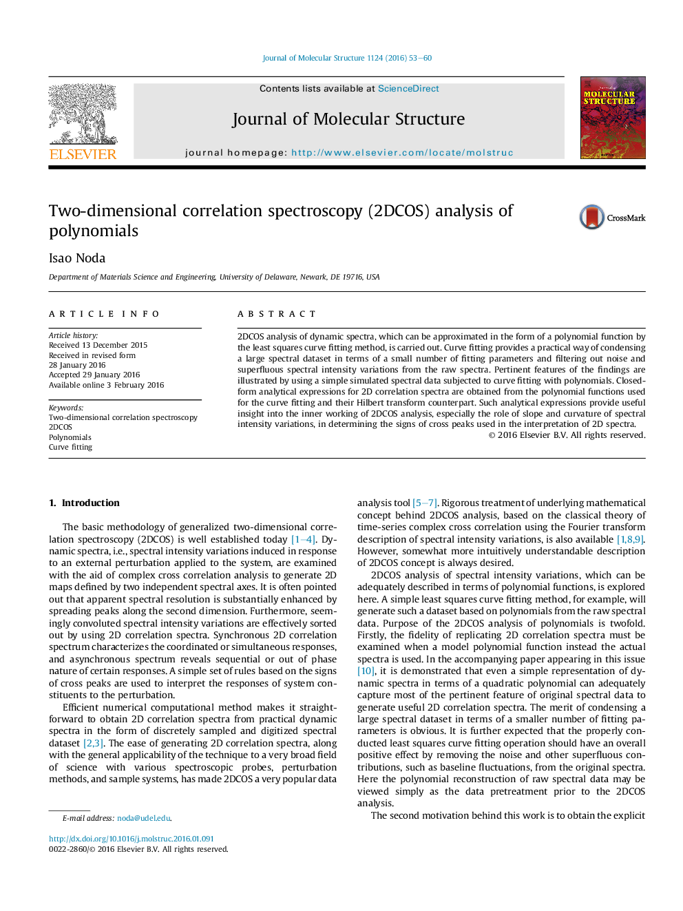 عکس صفحه اول مقاله: Two-dimensional correlation spectroscopy (2DCOS) analysis of polynomials Two-dimensional correlation spectroscopy (2DCOS) analysis of polynomials