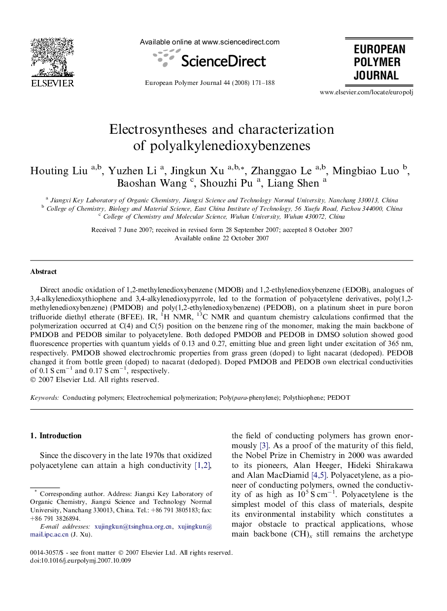 Electrosyntheses and characterization of polyalkylenedioxybenzenes