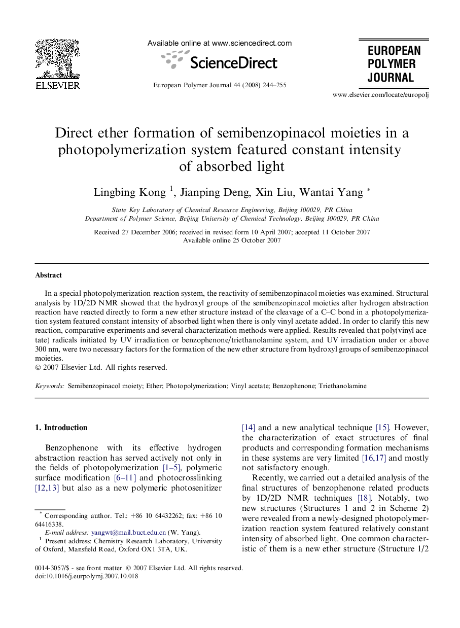 Direct ether formation of semibenzopinacol moieties in a photopolymerization system featured constant intensity of absorbed light