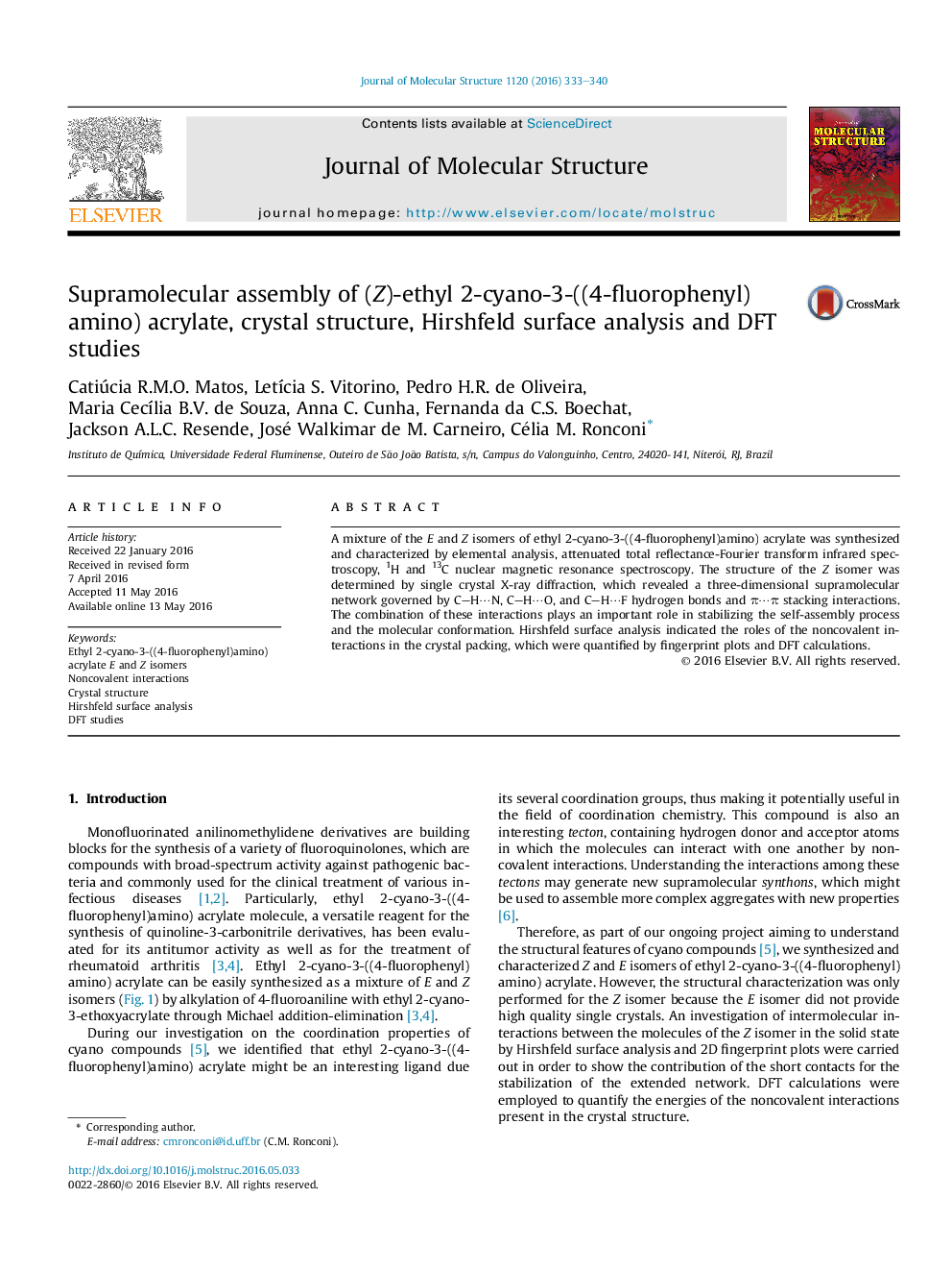 Supramolecular assembly of (Z)-ethyl 2-cyano-3-((4-fluorophenyl)amino) acrylate, crystal structure, Hirshfeld surface analysis and DFT studies